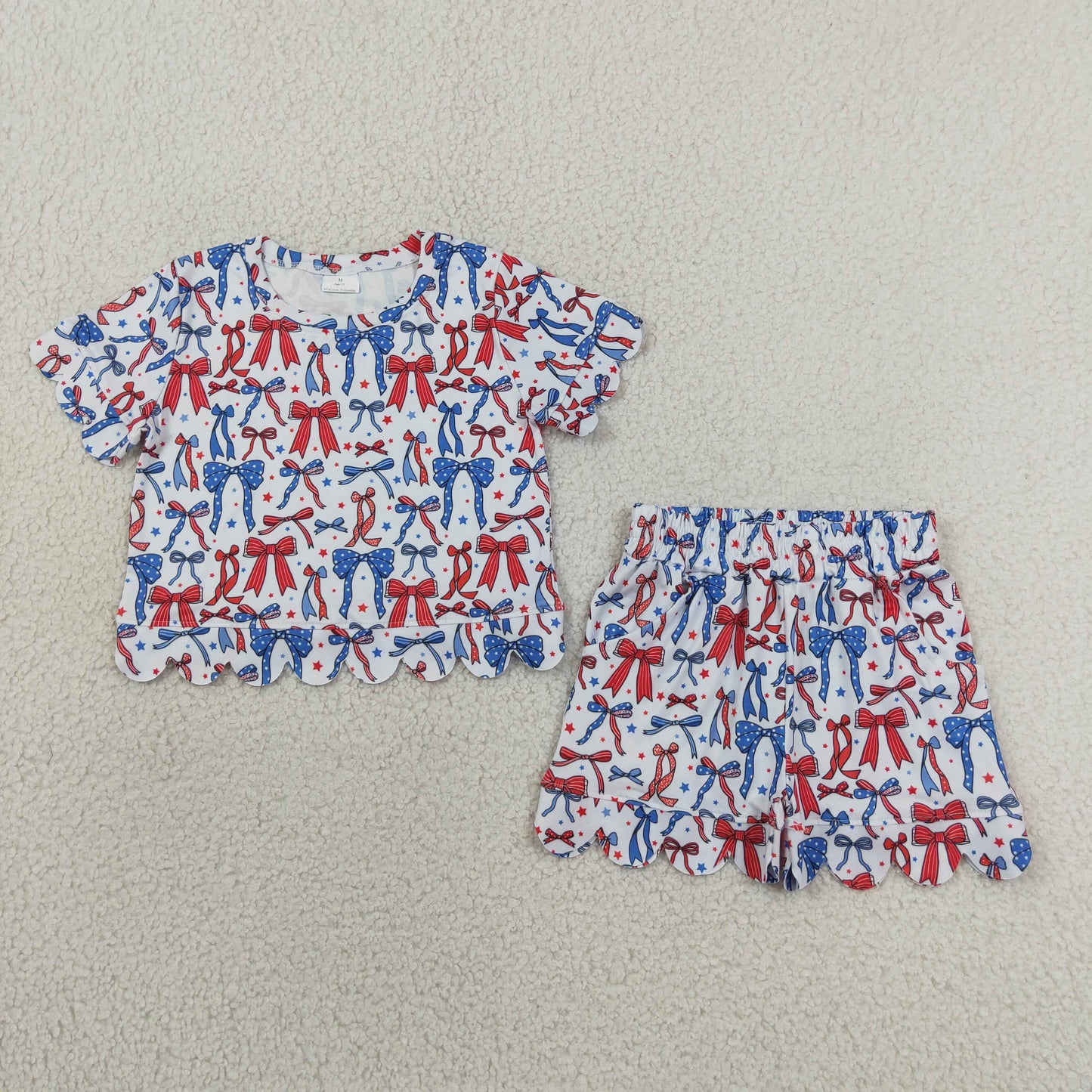 GSSO3548 RTS NO MOQ （In stock）Baby Girls Red Blue Bow Stars Top Pockets Short 4th of July Scallop Clothes Sets