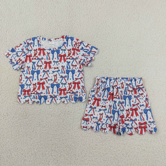 GSSO3548 RTS NO MOQ （In stock）Baby Girls Red Blue Bow Stars Top Pockets Short 4th of July Scallop Clothes Sets