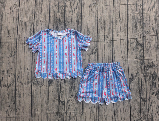 5.8 GSSO3554 Sample No Moq Baby Girls Bows Flowers Stripe Top Pockets Short Scallop Clothes Sets