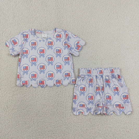 GSSO3555 RTS NO MOQ （In stock）Girls Bows Flags Checked Top Pockets Short 4th of July Scallop Clothes Sets