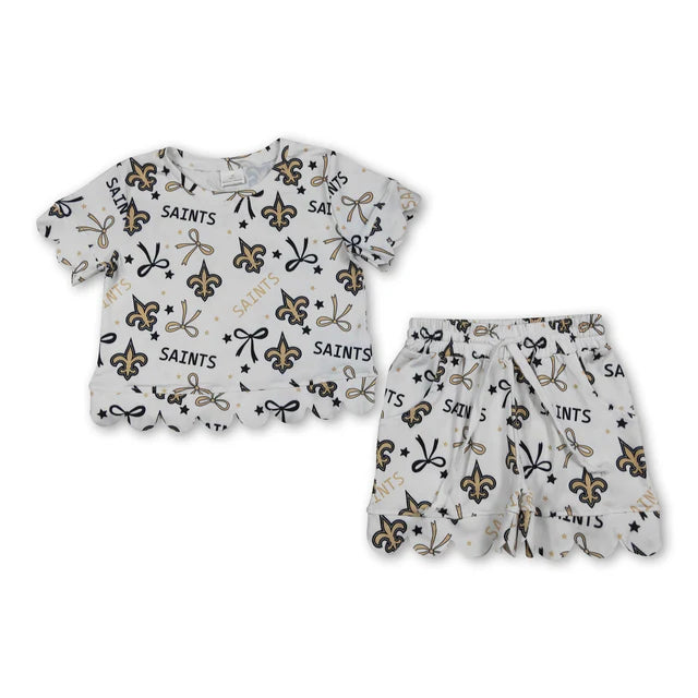RTS Sibling Baby Girls Bows Team Top Pockets Short Scallop Clothes Sets