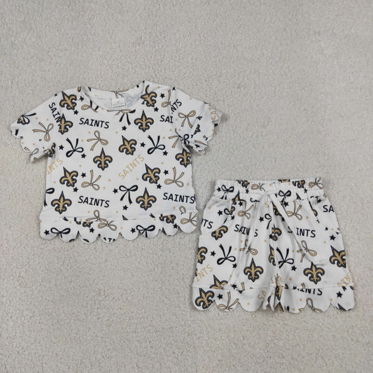 GSSO3561 RTS NO MOQ （In stock）Baby Girls Star Bows Saints Top Scallop Short Team Clothes Sets