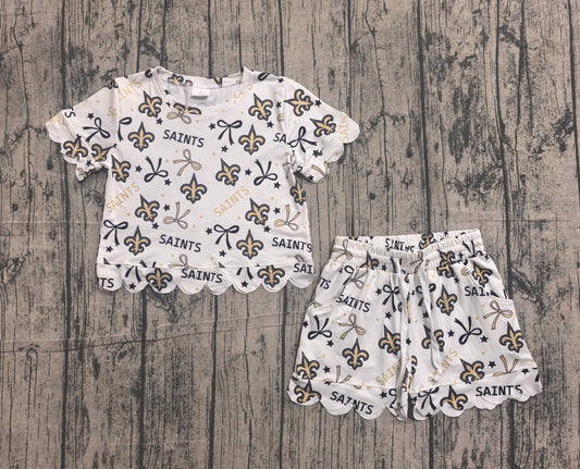 4.17 GSSO3561 Sample No Moq Baby Girls Star Bows Saints Top Scallop Short Team Clothes Sets