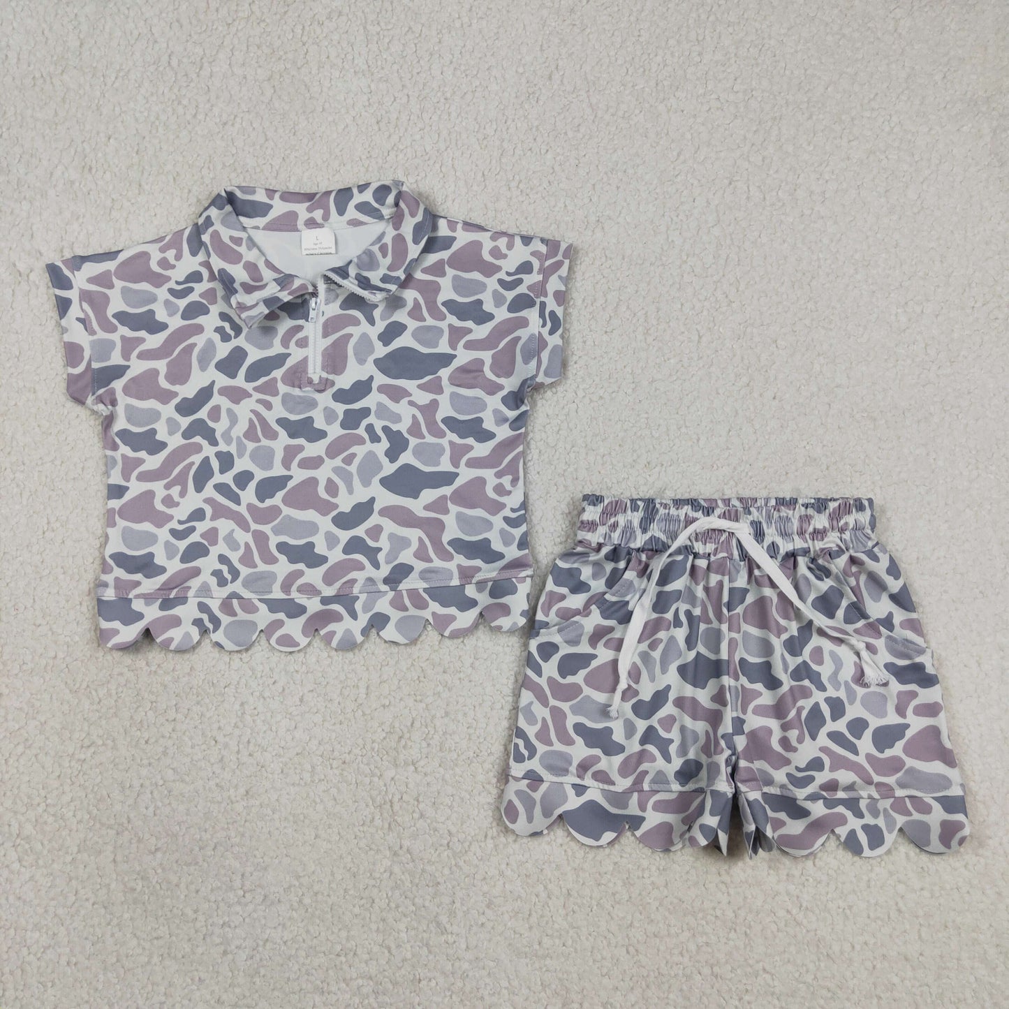 RTS Sibling  milk silk Baby Girls Camo Print Zip Zip Top Matching Scallop Edge Hem Shorts  Clothes Set