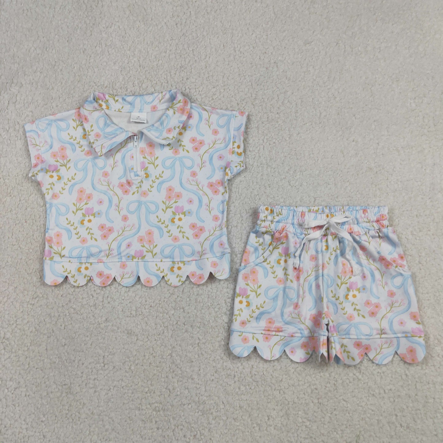 GSSO3575 RTS NO MOQ （In stock ）Short sleeves floral bow scallop pullover shorts girls outfits