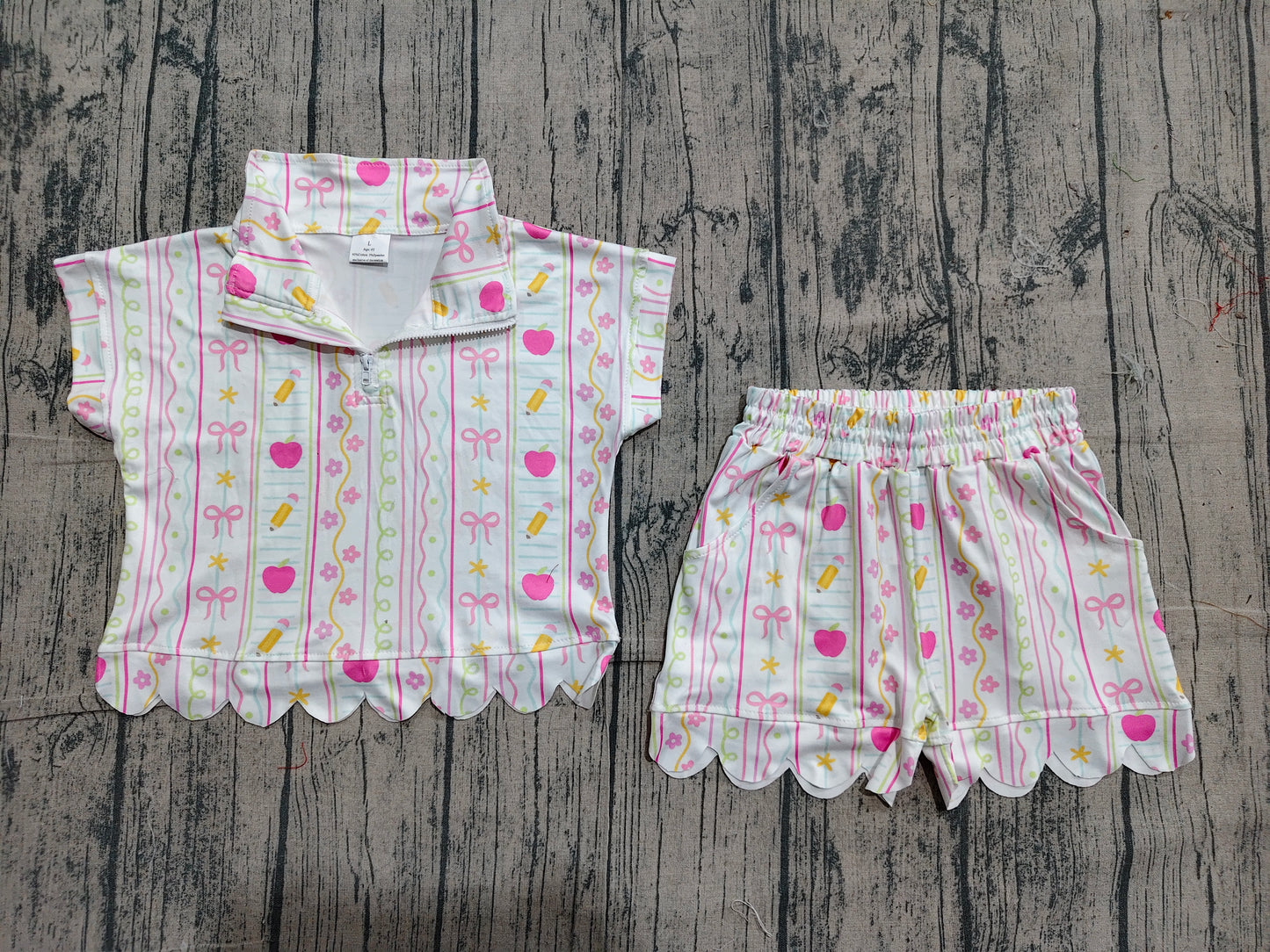 4.23 GSSO3582 Sample No Moq Baby Girls Pencils Flowers Zipper Top Scallop Short 4th of July Clothes Sets