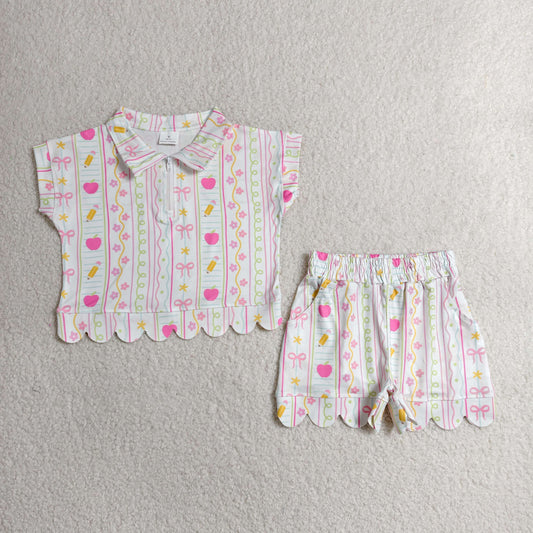 GSSO3582 RTS NO MOQ （In stock）BApple pencil bow scallop girls back to school outfits