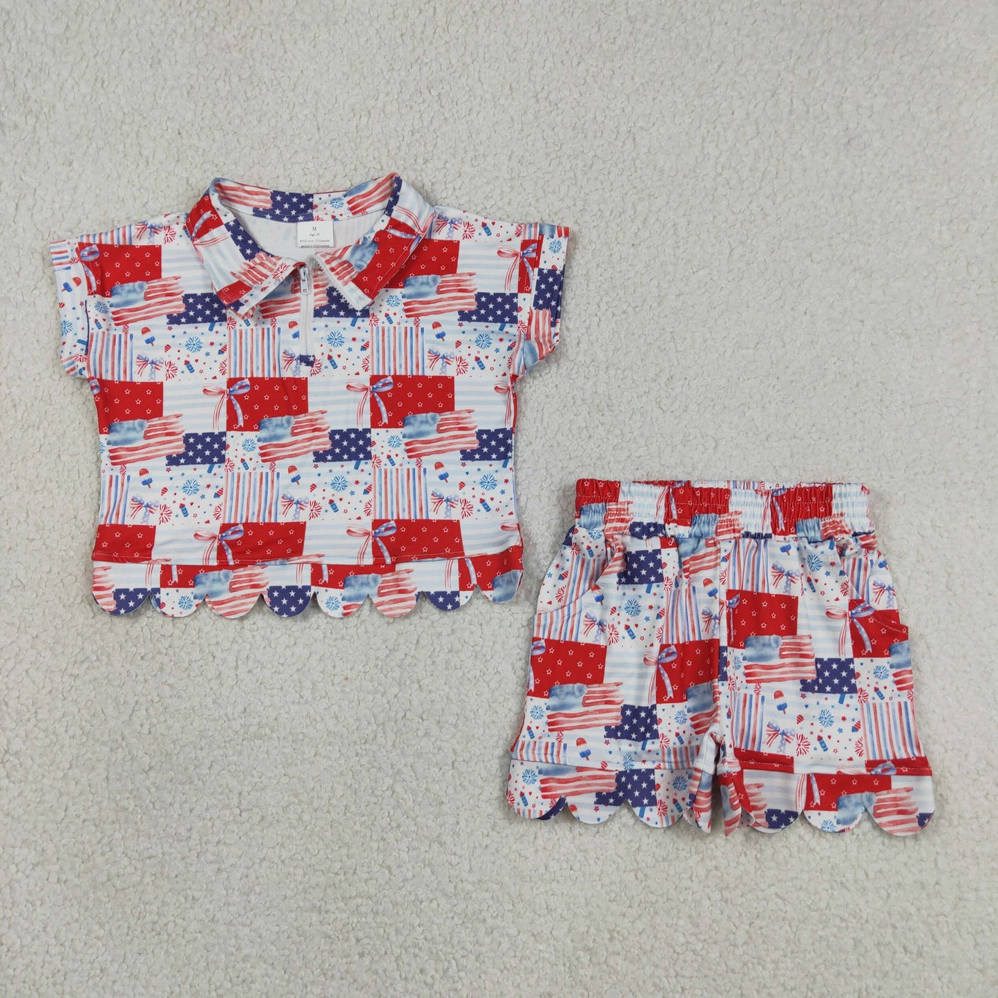 GSSO3599 RTS NO MOQ （In stock ）Flag bow scallop pullover shorts girls 4th of july outfits