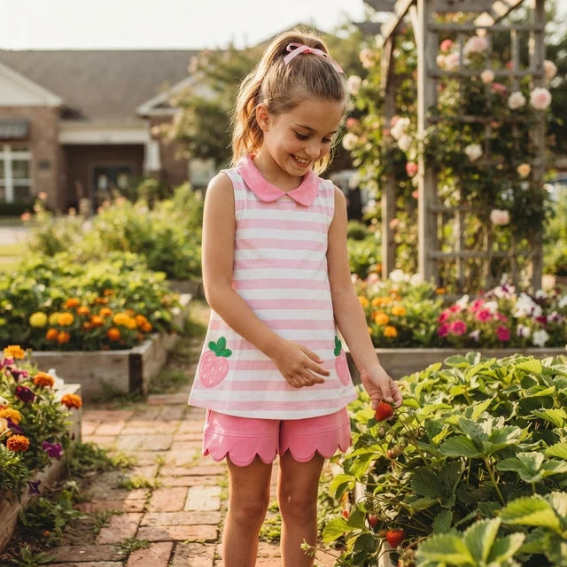 RTS NO MOQ （In stock）milk silk GSSO3631 Baby Girls Stripe Strawberry Collar Scallop Edge Shorts Set