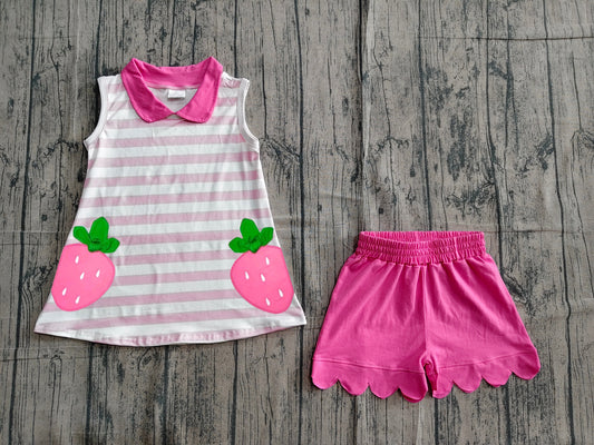 5.11 GSSO3631 Sample No Moq Baby Girls Pink Stripe Strawberry Collar Tunic Scallop Shorts Clothes Set