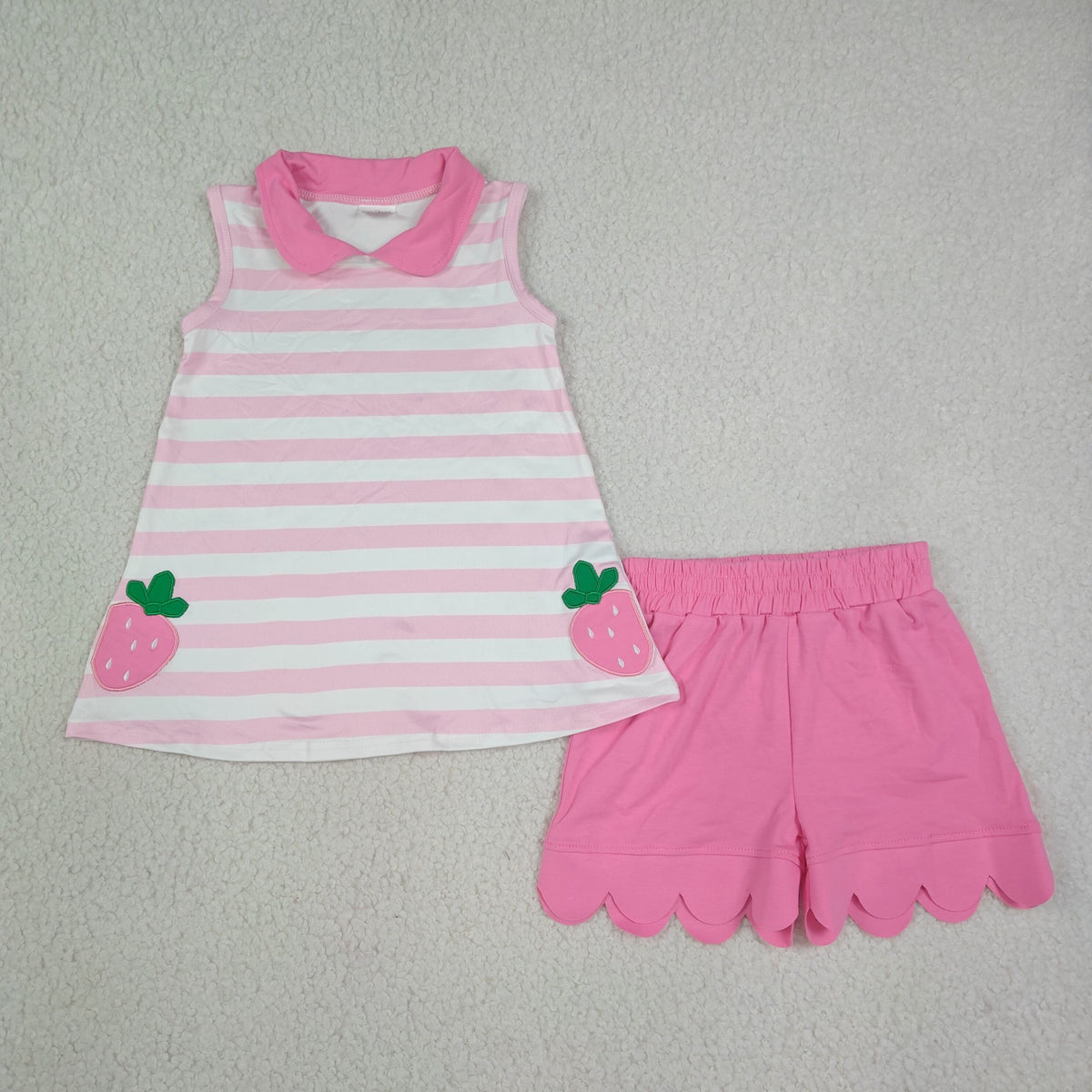 RTS NO MOQ （In stock）milk silk GSSO3631 Baby Girls Stripe Strawberry Collar Scallop Edge Shorts Set