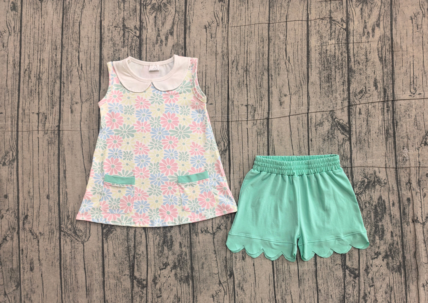 5.8 GSSO3632 Sample No Moq Baby Girls Colorful Daisy Collar Pockets Tunic Scallop Shorts Clothes Set