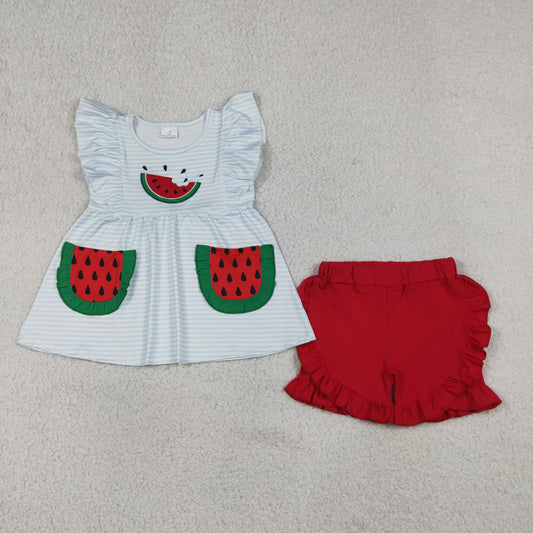 GSSO3636 RTS NO MOQ （In stock）Embroidery Watermelon Baby Girls Blue Stripe Pockets Tunic Ruffle Short Clothes Sets
