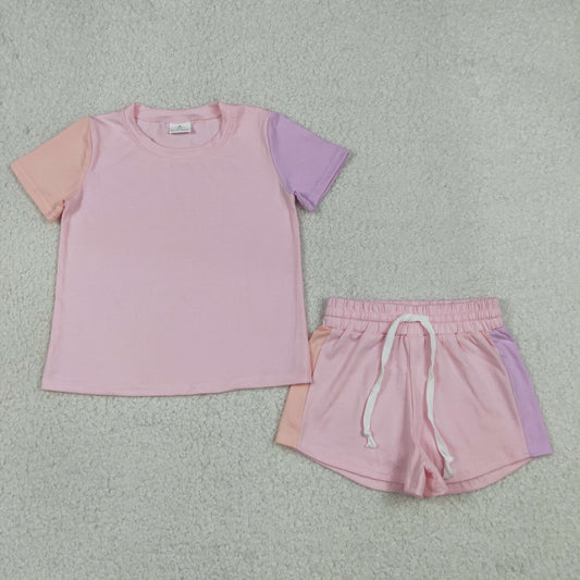 GSSO3638 RTS NO MOQ （In stock）Baby Girls Pink Patchwork Short Sleeve Shirt Top Short Clothes Set
