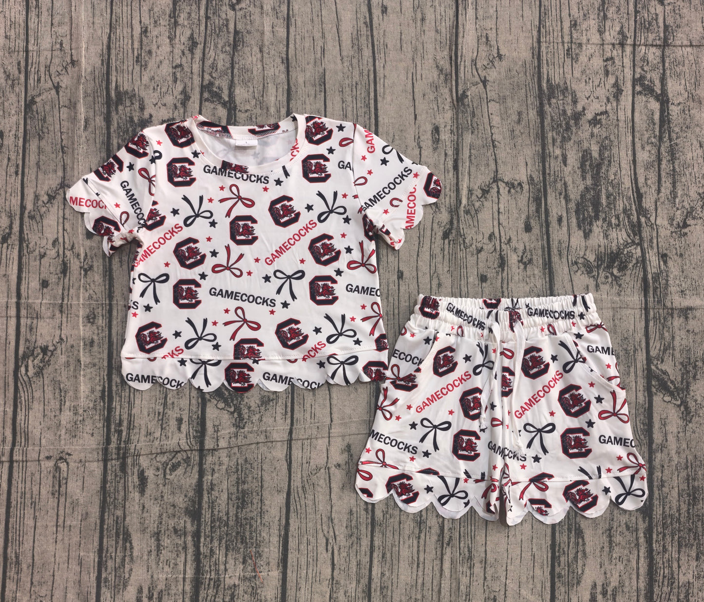 4.28 GSSO3641 Sample No Moq Baby Girls Caroltna Bows Top Short Scallop Team Clothes Sets
