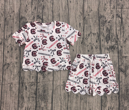 4.28 GSSO3641 Sample No Moq Baby Girls Caroltna Bows Top Short Scallop Team Clothes Sets