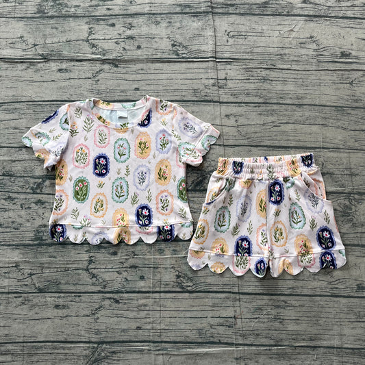 5.4 GSSO3643 Sample No Moq Baby Girls Colorful Flowers Top Short Scallop Clothes Sets
