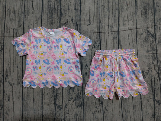 4.1 GSSO3657 Sample No Moq Baby Girls Beach Flowers Top Short Scallop Clothes Sets Preorder