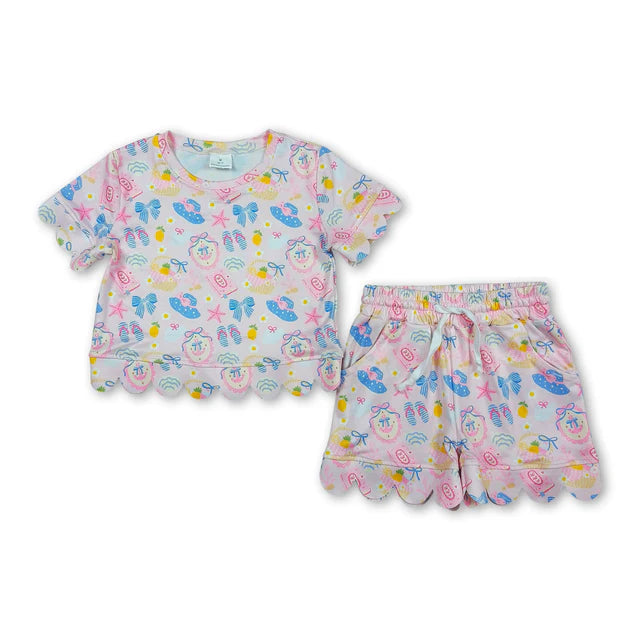 RTS Sibling Baby Girls Colorful Flowers Top Pockets Shorts Scallop Clothes Sets