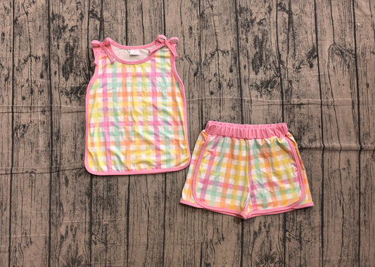 6.10 GSSO3659 Sample No Moq Baby Girls Colorful Check Plaid Sleeveless Shirt Top Elastic Waist Shorts Two Piece Casual Summer Clothes Set
