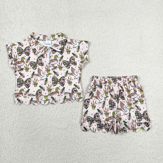 GSSO3669 RTS NO MOQ （In stock ）Short sleeves scallop duck camo bow girls summer clothes