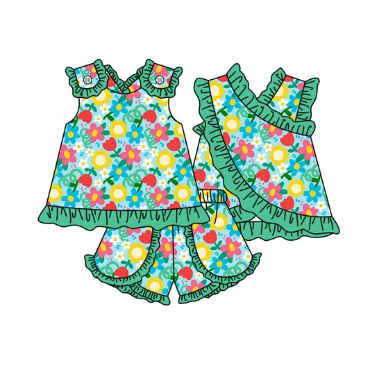 3.30 GSSO3674 Baby Girls Sleeveless Colorful Flowers Tunic Ruffle Short Clothes Set