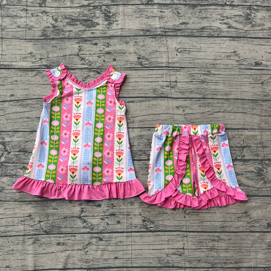 4.26 GSSO3676  Sample No Moq Baby Girls Sleeveless Colorful Flowers Stripe Tunic Ruffle Short Clothes Set