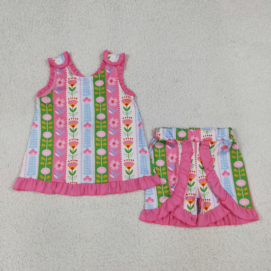 GSSO3676 RTS NO MOQ （In stock）Baby Girls Sleeveless Colorful Flowers Stripe Tunic Ruffle Short Clothes Set