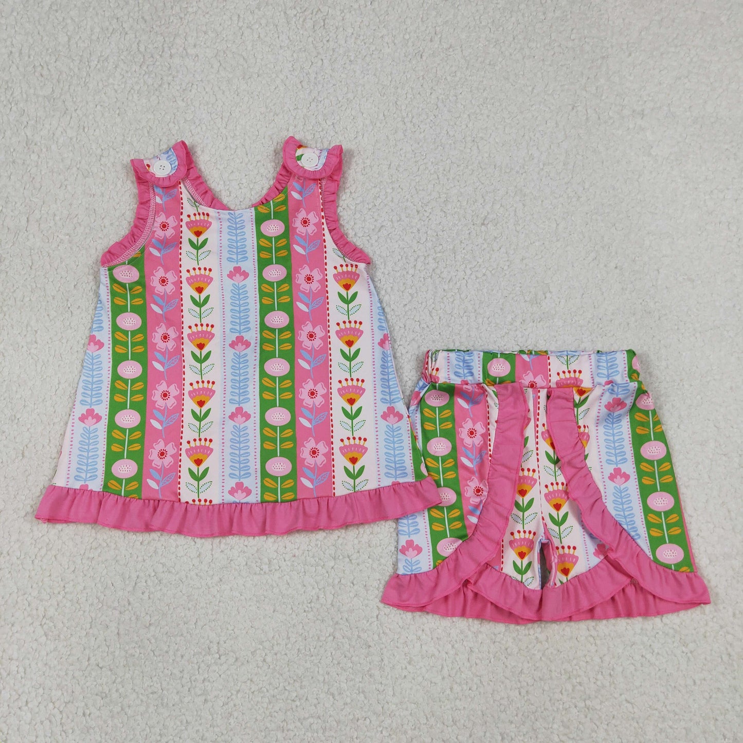 GSSO3676 RTS NO MOQ （In stock）Baby Girls Sleeveless Colorful Flowers Stripe Tunic Ruffle Short Clothes Set