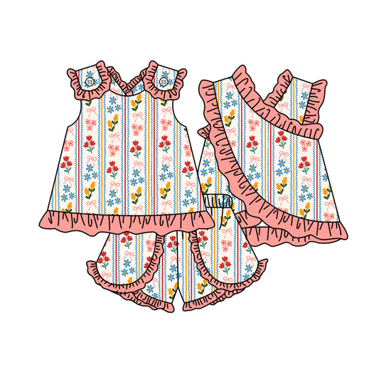 3.30 GSSO3680 Baby Girls Sleeveless Colorful Flowers Tunic Ruffle Short Clothes Set