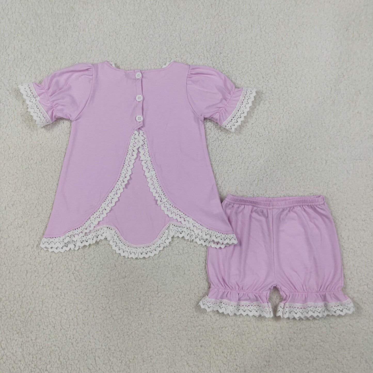 GSSO3681 RTS NO MOQ （In stock）Short sleeves pink cotton lace top shorts girls summer outfits