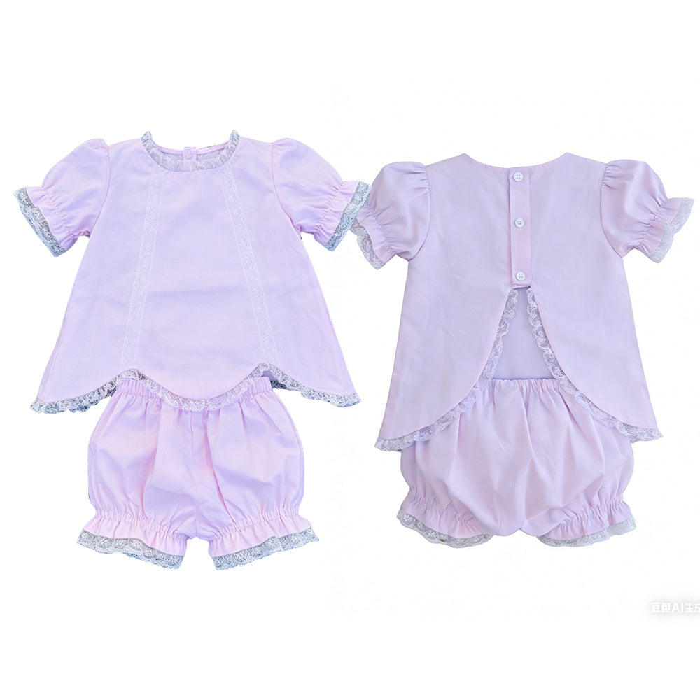 3.30 GSSO3681 Baby Girls Lavender Short Sleeve Lace Scallop Tunic Ruffle Short Clothes Set