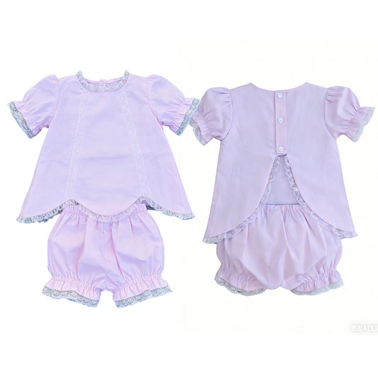 3.30 GSSO3681 Baby Girls Lavender Short Sleeve Lace Scallop Tunic Ruffle Short Clothes Set