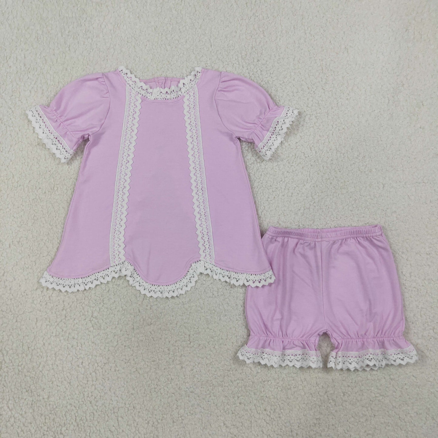 GSSO3681 RTS NO MOQ （In stock）Short sleeves pink cotton lace top shorts girls summer outfits