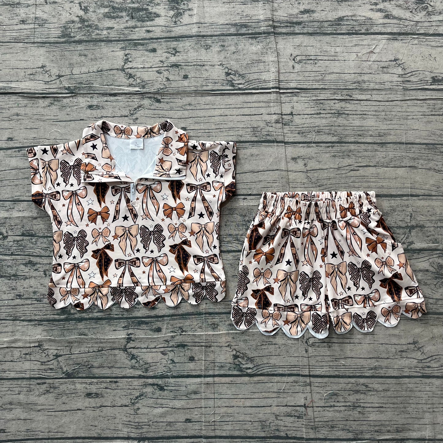 5.4 GSSO3696 Sample No Moq Baby Girls Stars Bows Plaid Zipper Top Short Scallop Clothes Sets
