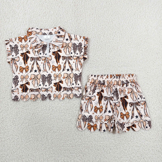 GSSO3696 RTS NO MOQ （In stock ）Short sleeves scallop gold bow girls summer clothes
