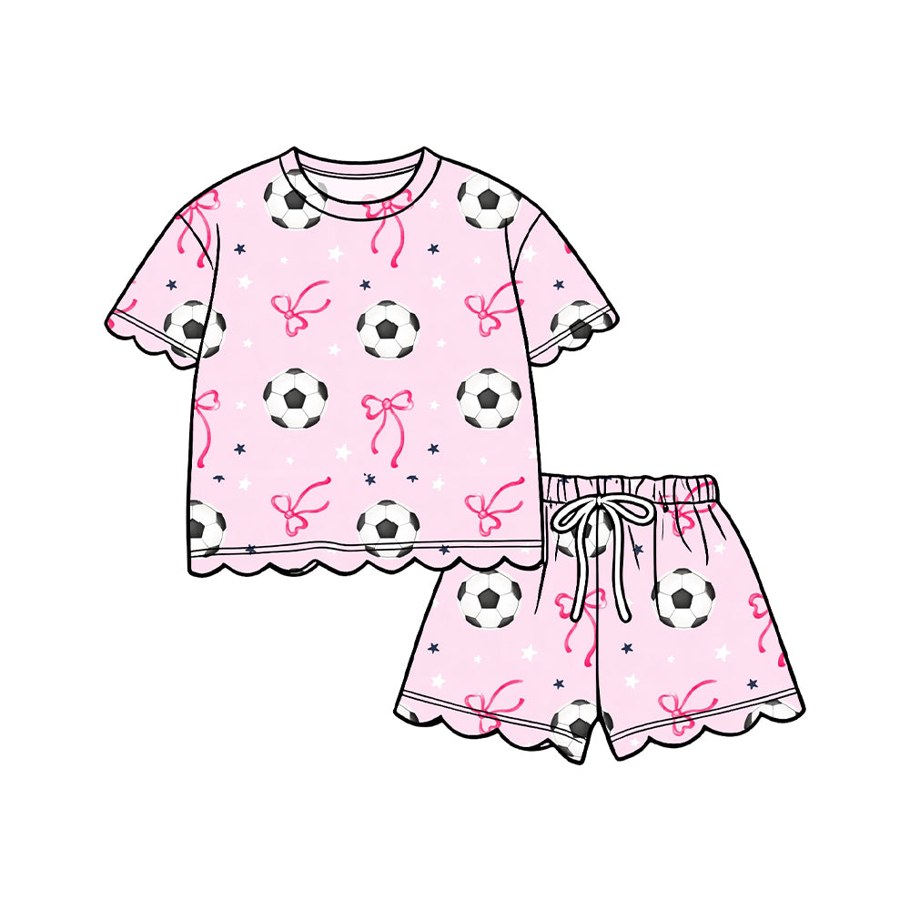4.6 Pre order No Moq Baby Girls Sleeveless Footballs Bows Tunic Short Team Clothes Set