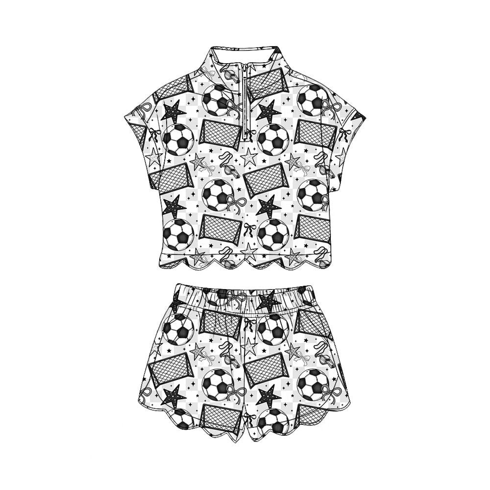 4.6 Pre order No Moq Baby Girls Black Footballs Bows Zip Top Short Scallop Clothes Set