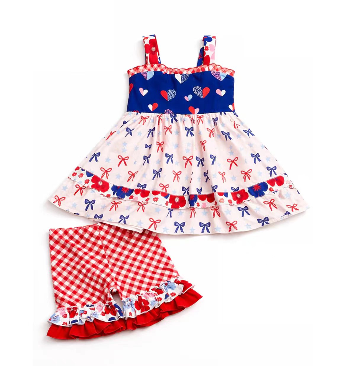 4.6 GSSO3700 Pre order No Moq Baby Girls Strap Bows Flowers Tunic Checked Ruffle Short 4th of July Clothes Set