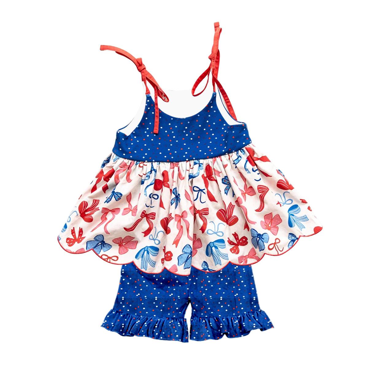 4.6 GSSO3701 Pre order No Moq Baby Girls Strap Bows Polka Dots Tunic Ruffle Short 4th of July Clothes Set