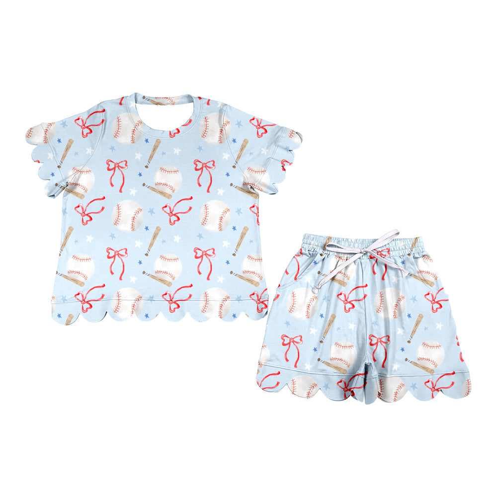 4.6 GSSO3704 Pre order No Moq Adult Women Baseballs Bows Top Short Team Scallop Clothes Sets