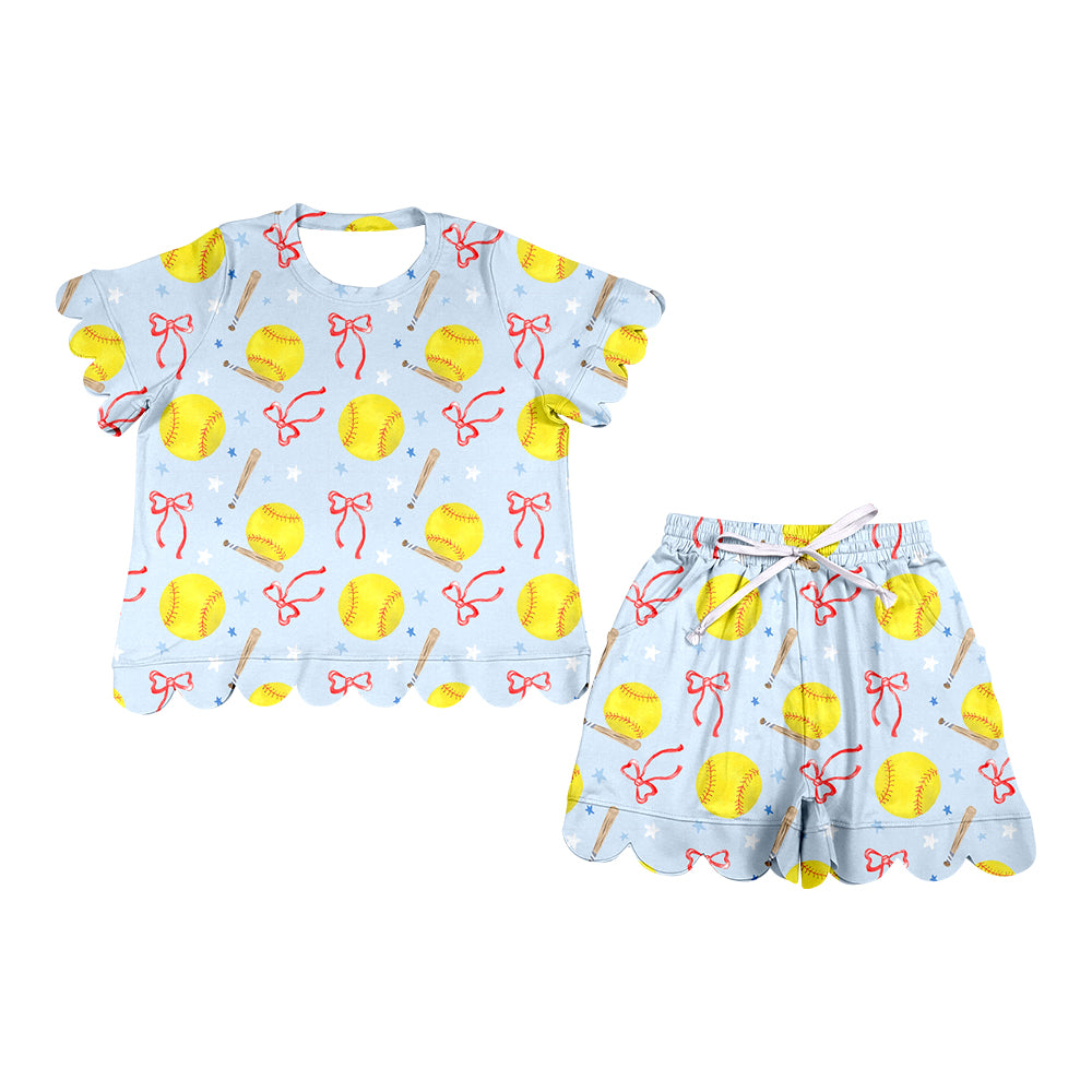 4.6 GSSO3705 Pre order No Moq Adult Women Softballs Bows Top Short Team Scallop Clothes Sets