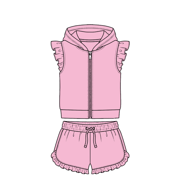 4.7 Pre order No Moq Baby Girls Zipper Hoodie Jacket Ruffle Shorts Clothes Set