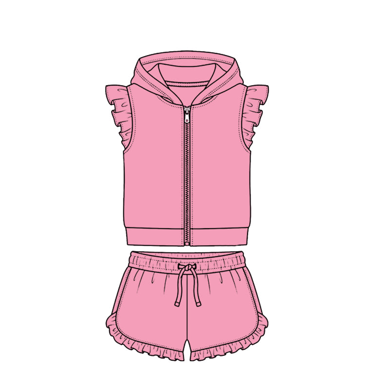 4.7 Pre order No Moq Baby Girls Zipper Hoodie Jacket Ruffle Shorts Clothes Set