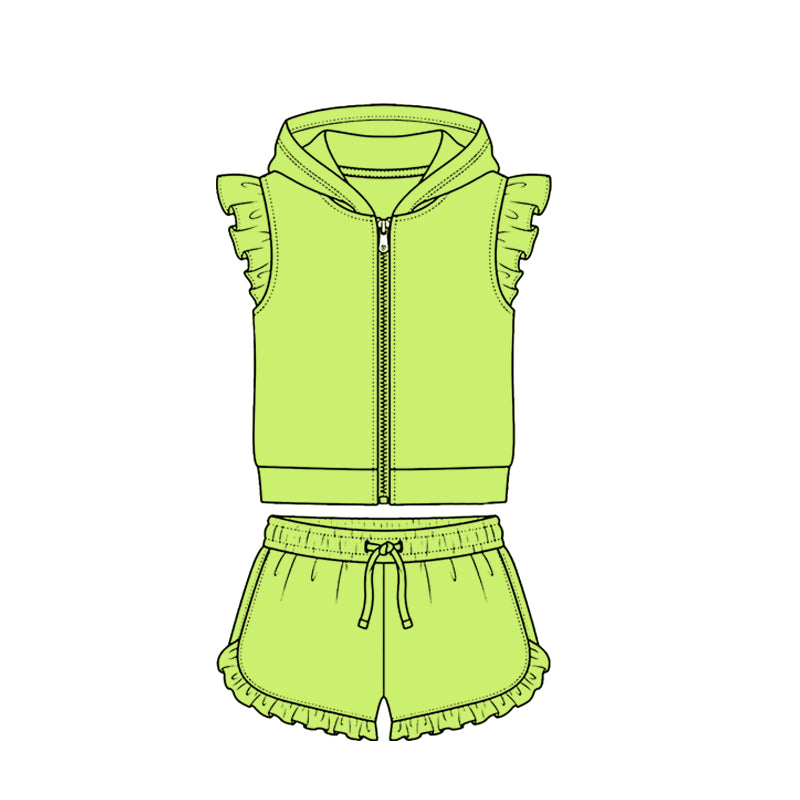 4.7 Pre order No Moq Baby Girls Zipper Hoodie Jacket Ruffle Shorts Clothes Set