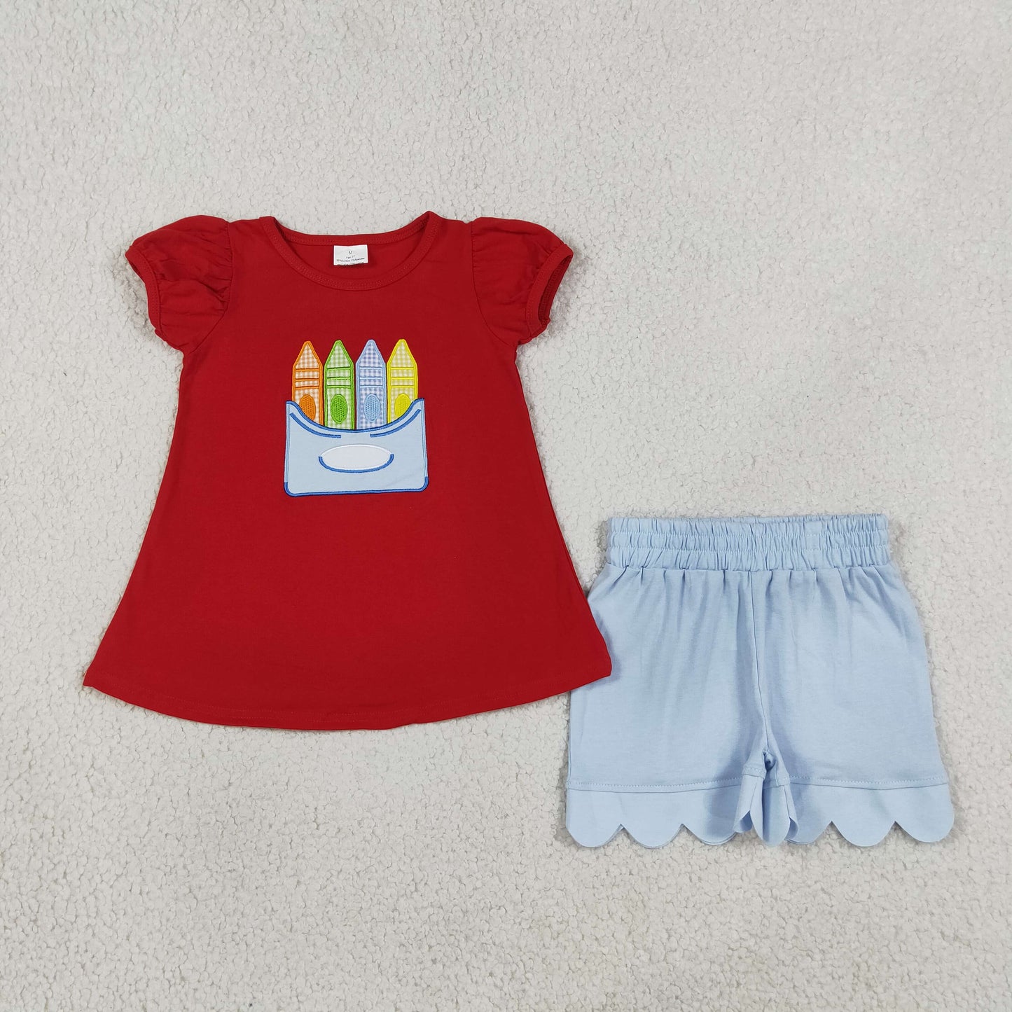 GSSO3727 RTS NO MOQ （In stock）Red crayon top scallop shorts girls back to school outfits