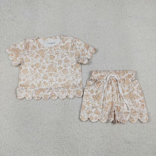 GSSO3728 RTS NO MOQ （In stock）Baby Girls Starfishes Beach Top Short Scallop Clothes