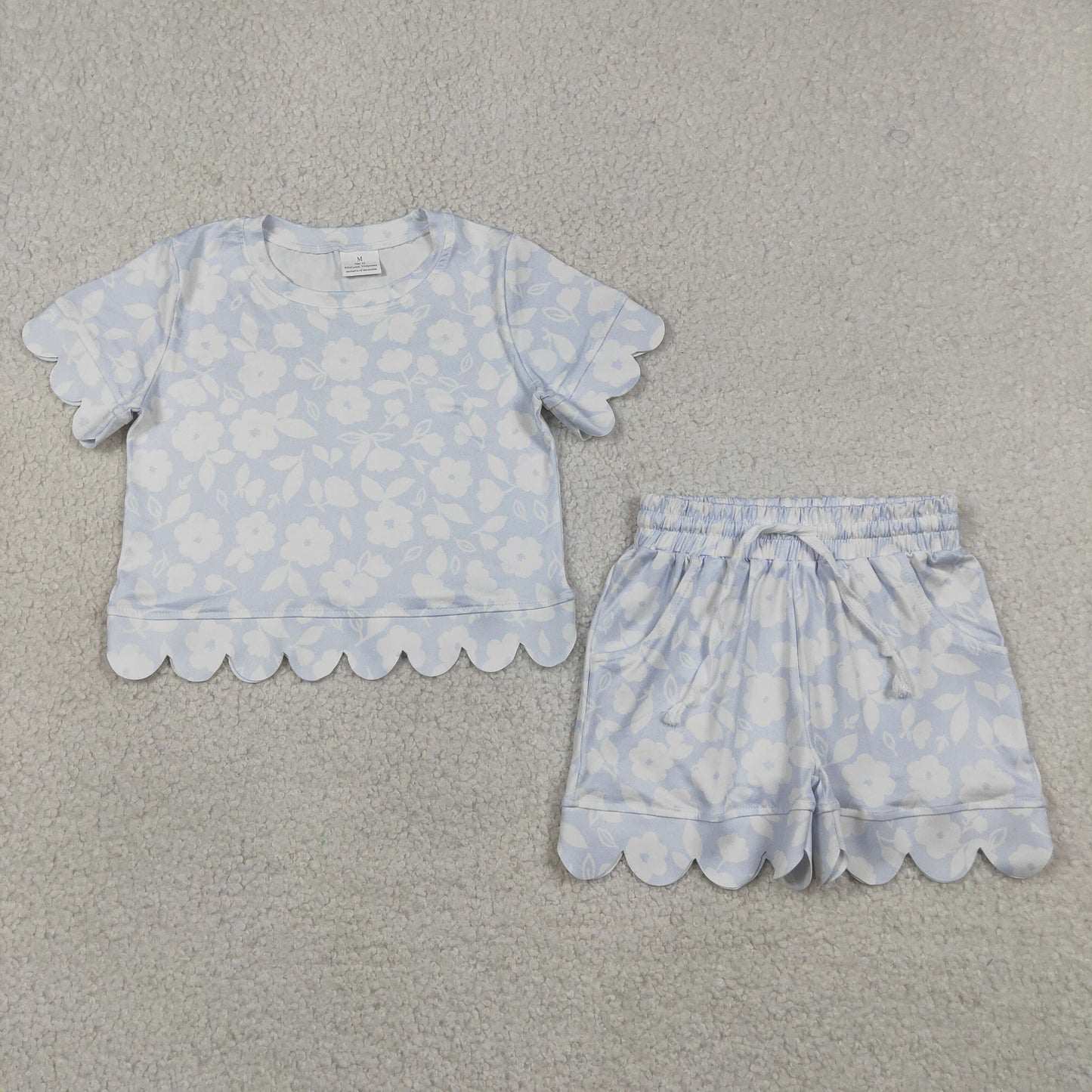 GSSO3730 RTS NO MOQ （In stock ）Short sleeves floral scallop pullover shorts girls outfits