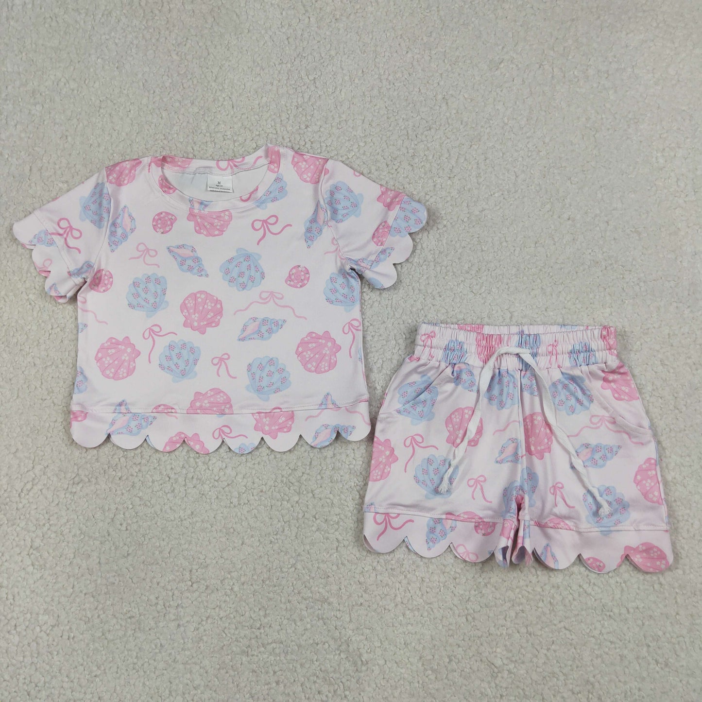 GSSO3731 RTS NO MOQ （In stock）Short sleeves scallop shell bow girls summer outfits
