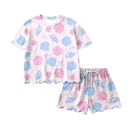 4.8 GSSO3731 Pre order No Moq Baby Girls Light Blue Flowers Top Short Scallop Clothes Set